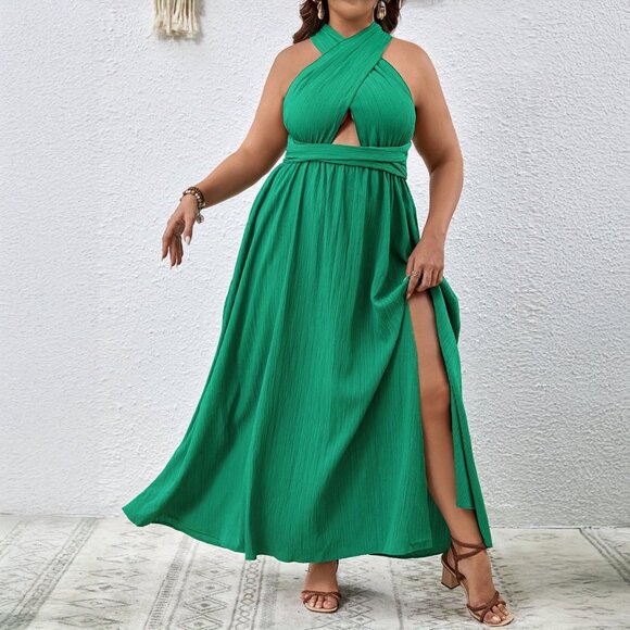 SHEIN VCAY Curve Green Crisscross Halter Maxi Dress 2XL nwt - Picture 1 of 5